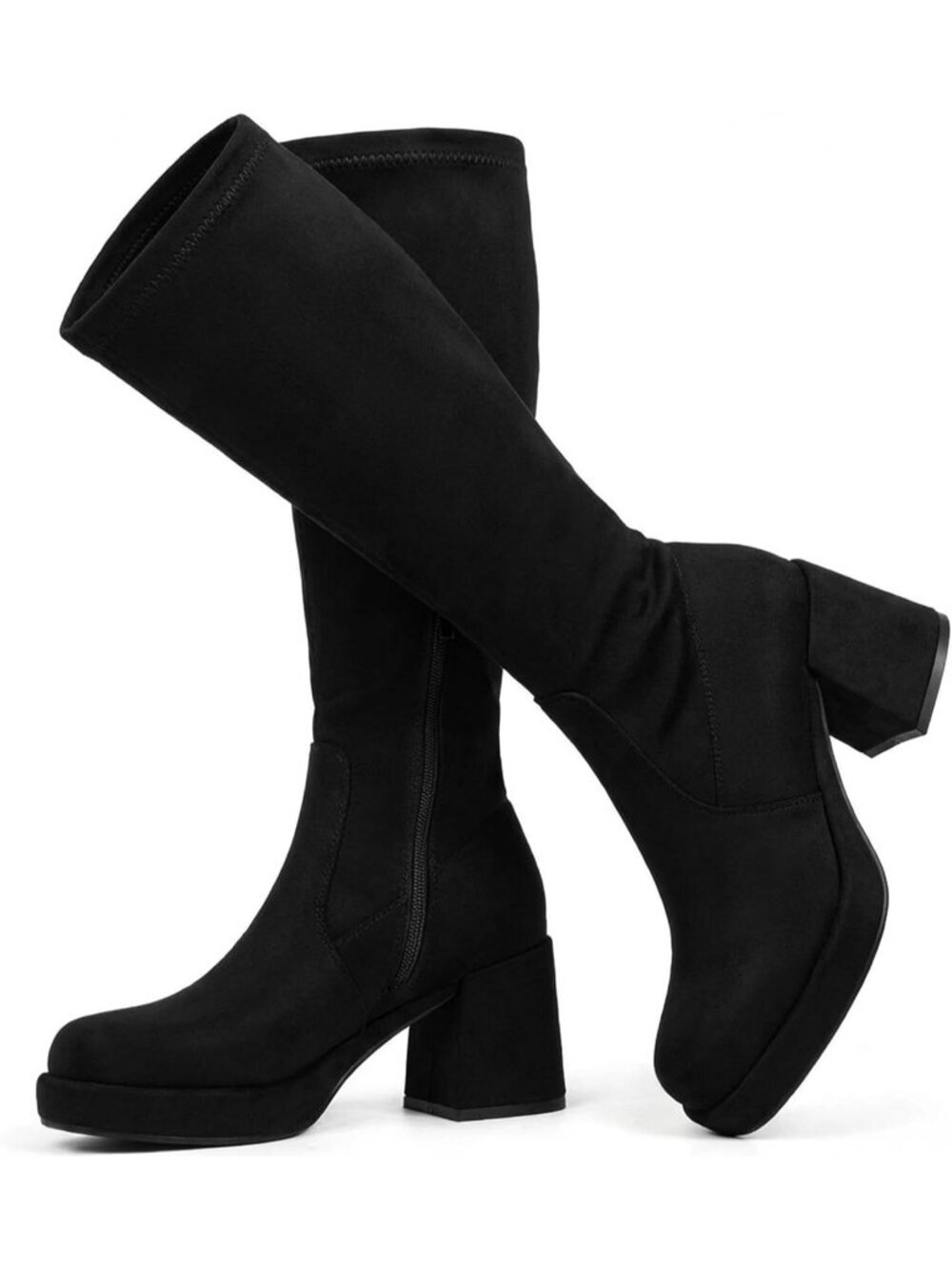 Women Black Side Zip Knee High Platform Chunky Heel Boots